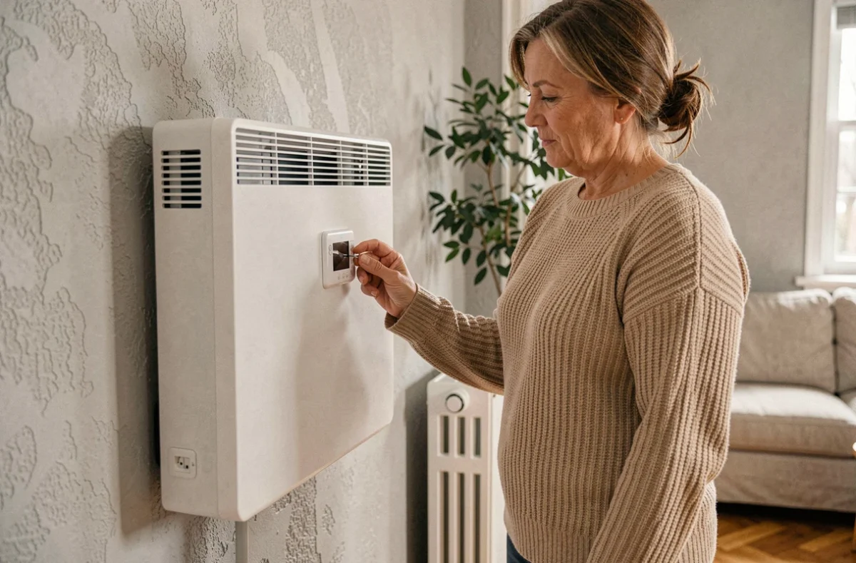 Femme réglant un radiateur à accumulation électrique blanc dans un salon moderne avec parquet en chêne