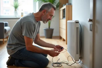Homme examinant un radiateur électrique neuf livré sans prise, posé sur un parquet en bois dans un salon moderne