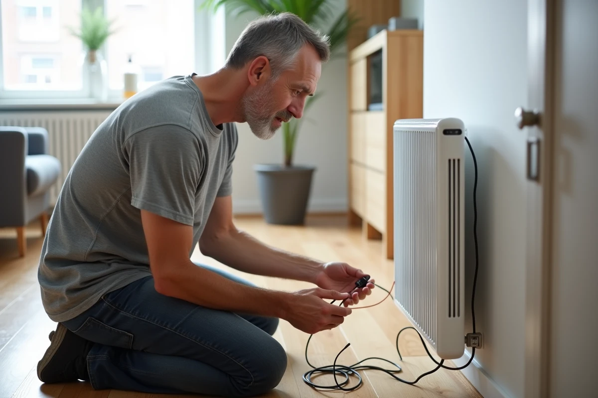 Homme examinant un radiateur électrique neuf livré sans prise, posé sur un parquet en bois dans un salon moderne