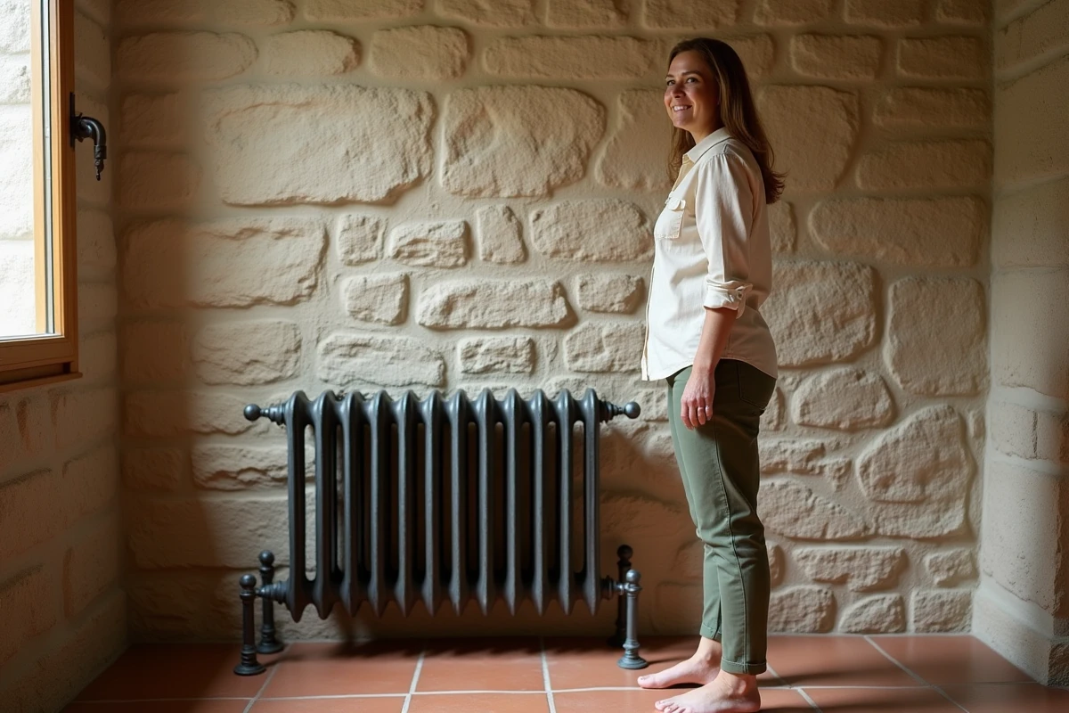 Femme admirant un radiateur en fonte installé sur pieds réglables sans percer le mur en maison de campagne