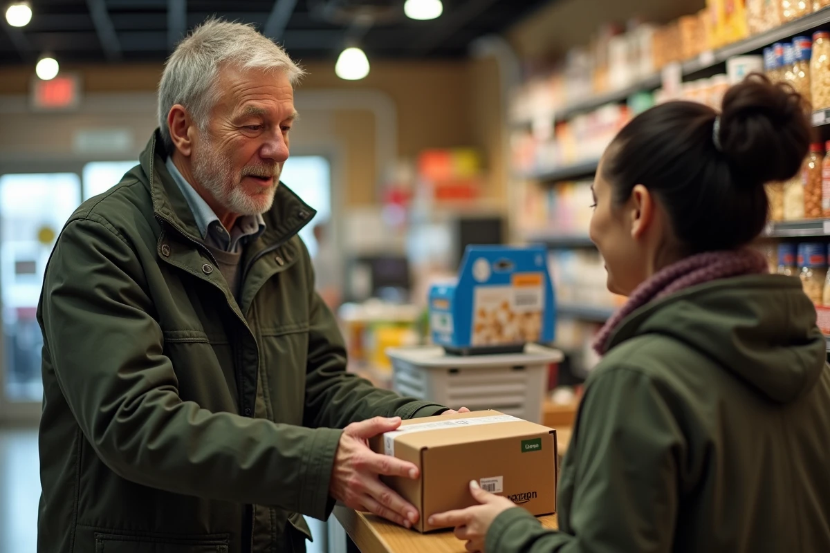 Homme remettant un colis à une vendeuse dans un magasin