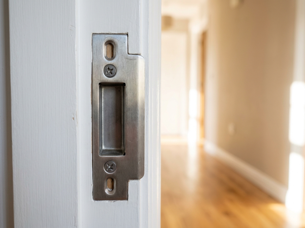 Renfort de serrure en acier épais avec boîtier de gâche installé sur le dormant d'une porte intérieure en bois blanc
