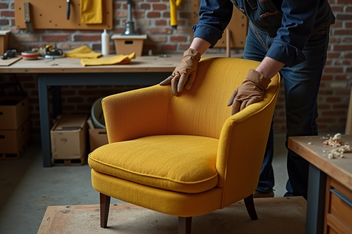 Artisan en train de rénover un fauteuil Voltaire avec du tissu bouclé jaune moutarde dans un atelier