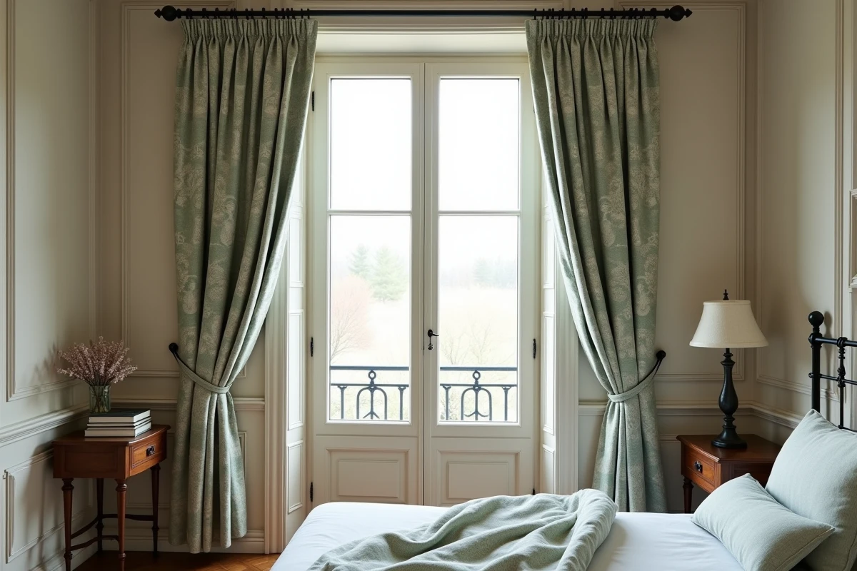 Rideau occultant à motif botanique géométrique vert sauge dans une chambre de style français avec parquet à chevrons