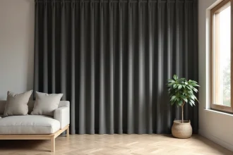 Rideau occultant uni en tissu charbon foncé dans un salon scandinave minimaliste avec parquet en chêne clair