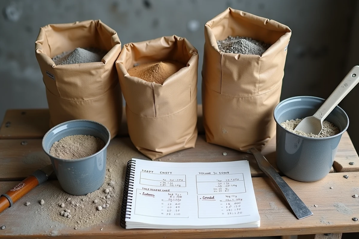 Sacs de ciment, gravier et sable avec calcul de dosage béton sur carnet de chantier