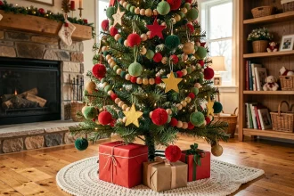 Sapin de Noël décoré avec des guirlandes colorées et sécurisées pour enfants, dans un salon chaleureux avec cadeaux sous le sapin