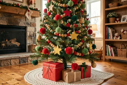 Sapin de Noël décoré avec des guirlandes colorées et sécurisées pour enfants, dans un salon chaleureux avec cadeaux sous le sapin