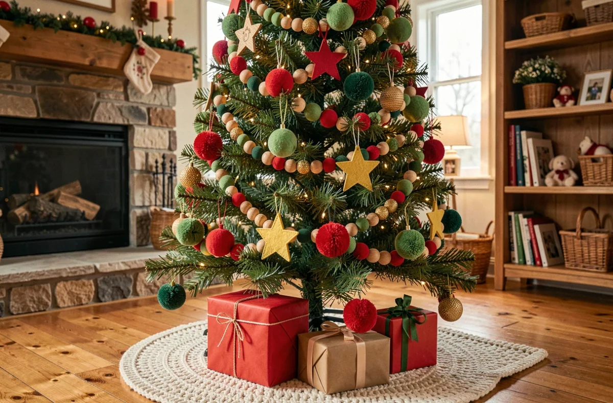 Sapin de Noël décoré avec des guirlandes colorées et sécurisées pour enfants, dans un salon chaleureux avec cadeaux sous le sapin
