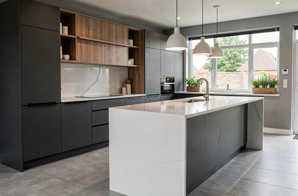 Cuisine Schmidt bicolore exposée dans un showroom des Yvelines, avec des meubles bas anthracite mat et des étagères ouvertes en bois sur un grand îlot en quartz