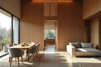 Séjour ouvert divisé par une séparation meuble en bois naturel avec lattes verticales, espace salle à manger et salon distincts