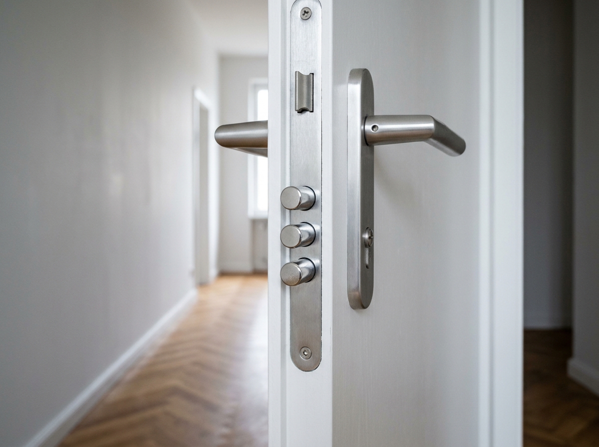 Gros plan sur une serrure multipoints sur une porte blanche avec trois points de verrouillage visibles sur le chant