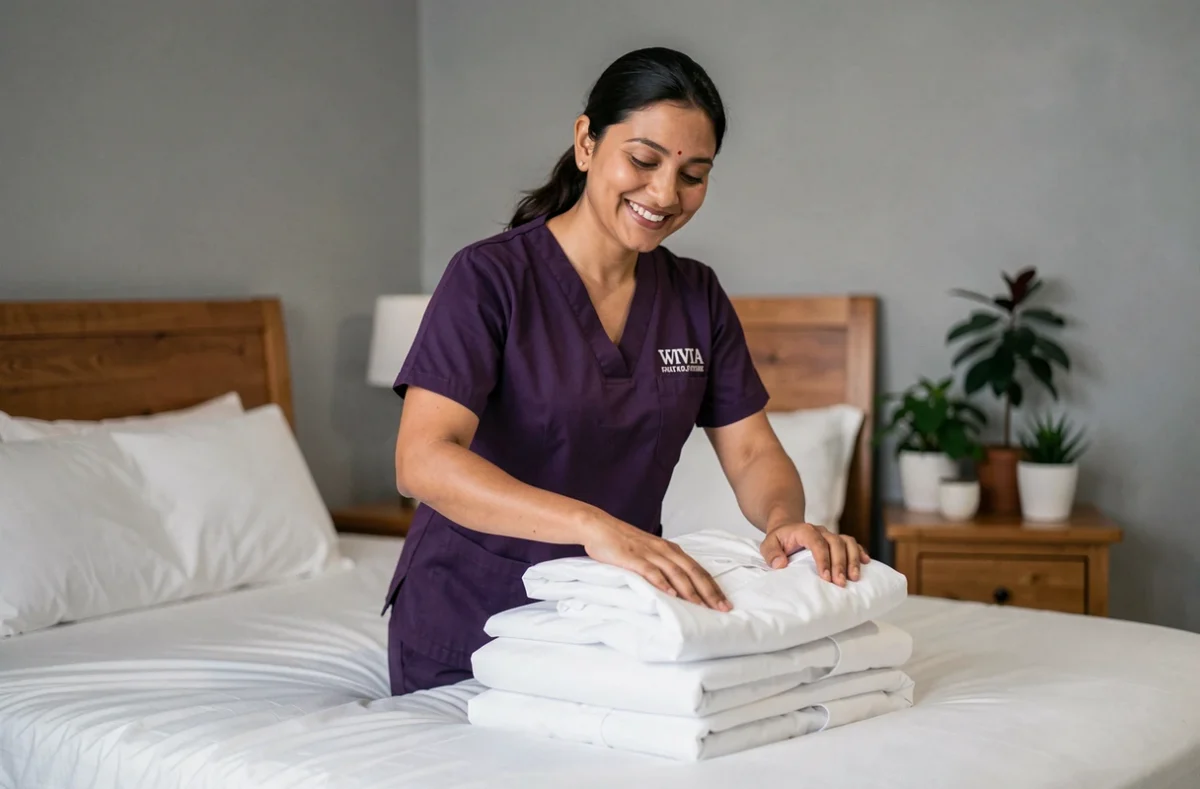 Aide ménagère Shiva Essonne en uniforme violet pliant du linge propre dans une chambre à coucher soignée