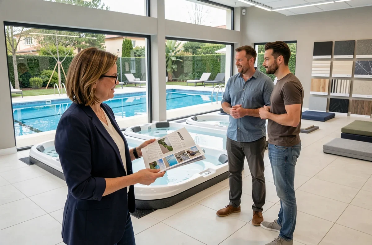 Showroom Mondial Piscine à Lyon avec une conseillère présentant des modèles de piscines et des échantillons de margelles à un couple