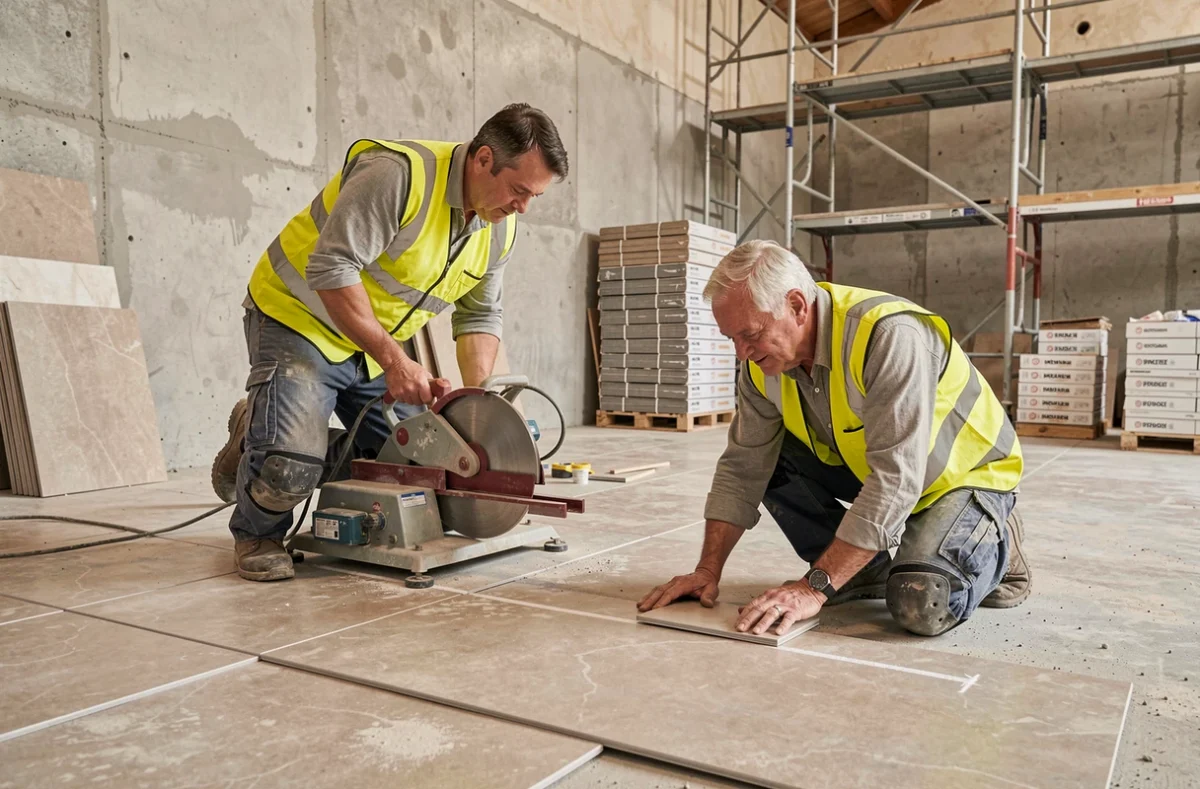 Équipe de la Société Artisanale du Bâtiment posant des carrelages sur un chantier commercial dans les Bouches-du-Rhône