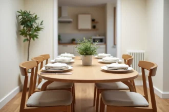Table ovale compacte dans un petit appartement moderne avec six chaises en bois scandinave, solution pour optimiser l'espace dans une salle à manger étroite