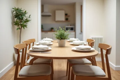 Table ovale compacte dans un petit appartement moderne avec six chaises en bois scandinave, solution pour optimiser l'espace dans une salle à manger étroite