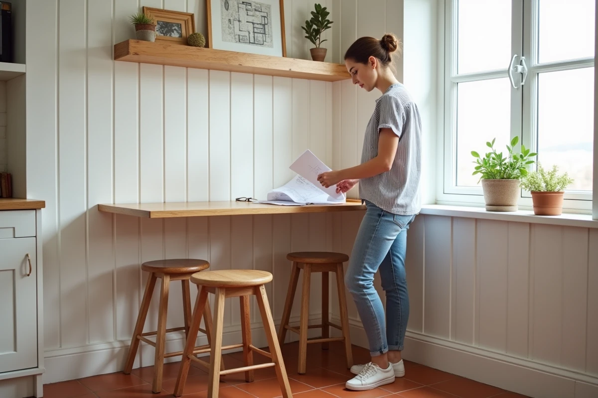 Table rabattable murale dans une petite cuisine-salle à manger contemporaine avec tabourets vintage, alternative pratique au diamètre classique de table ronde pour 10 personnes