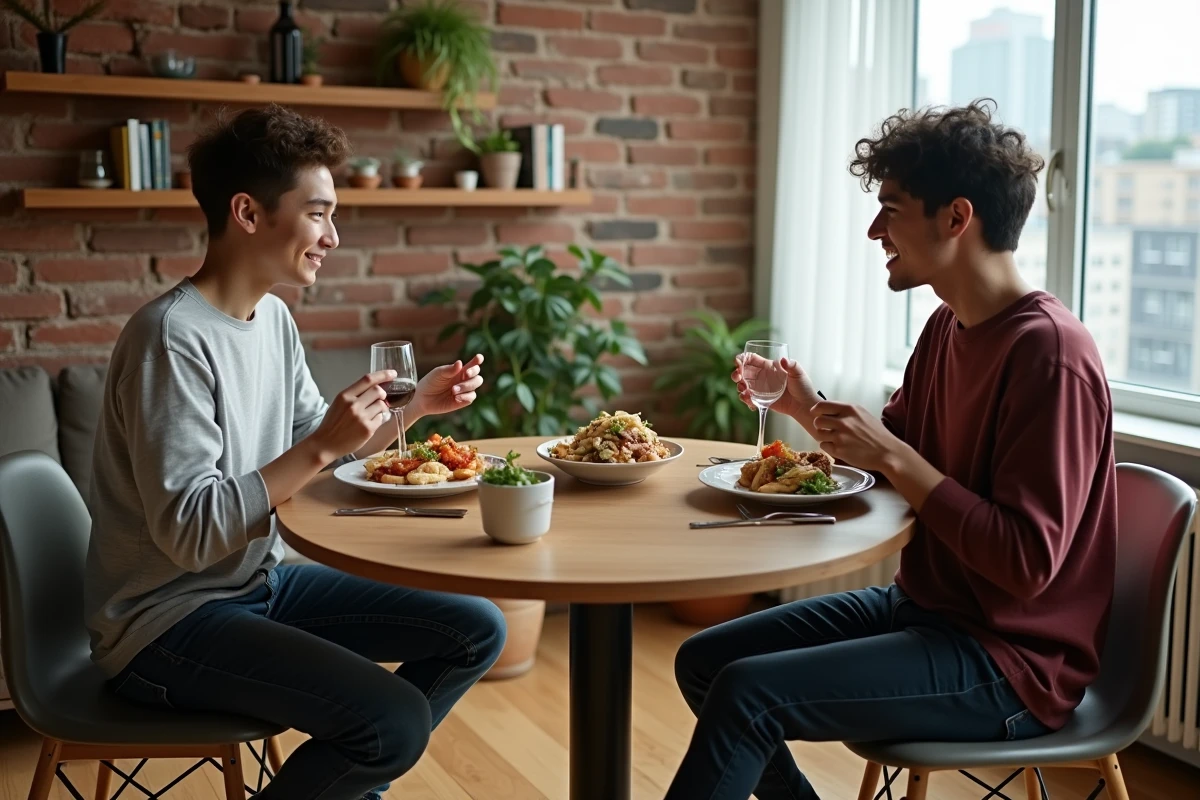 Table ronde extensible repliée pour quatre personnes dans un studio urbain avec mur en briques apparentes, alternative gain de place à la grande table ronde 10 personnes