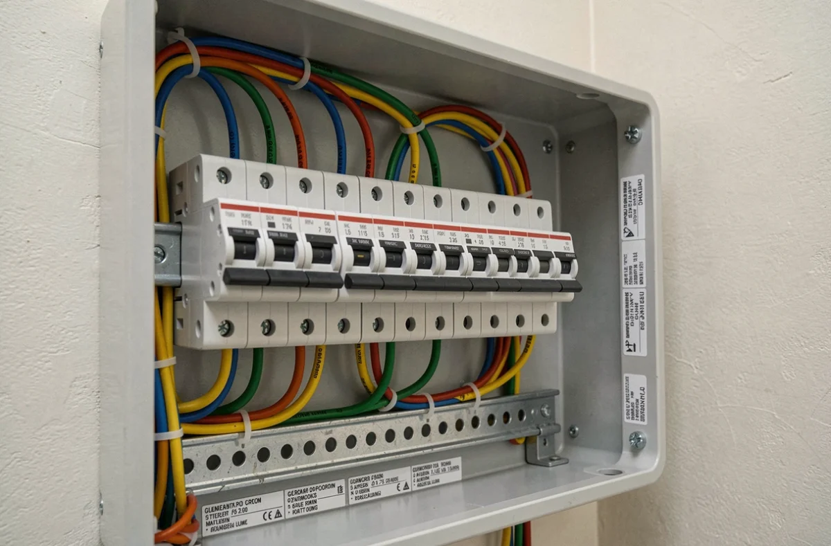 Tableau électrique résidentiel ouvert avec disjoncteurs modulaires sur rail DIN, câbles colorés et boîtier de distribution en plastique
