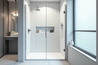 Cabine de douche rectangulaire standard 90x120 cm avec carrelage blanc et paroi en verre dans une salle de bain moderne