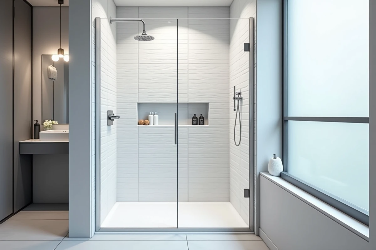 Cabine de douche rectangulaire standard 90x120 cm avec carrelage blanc et paroi en verre dans une salle de bain moderne