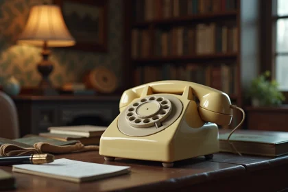 Téléphone à cadran rotatif vintage posé sur un bureau en bois avec un carnet de notes pour tester son fonctionnement