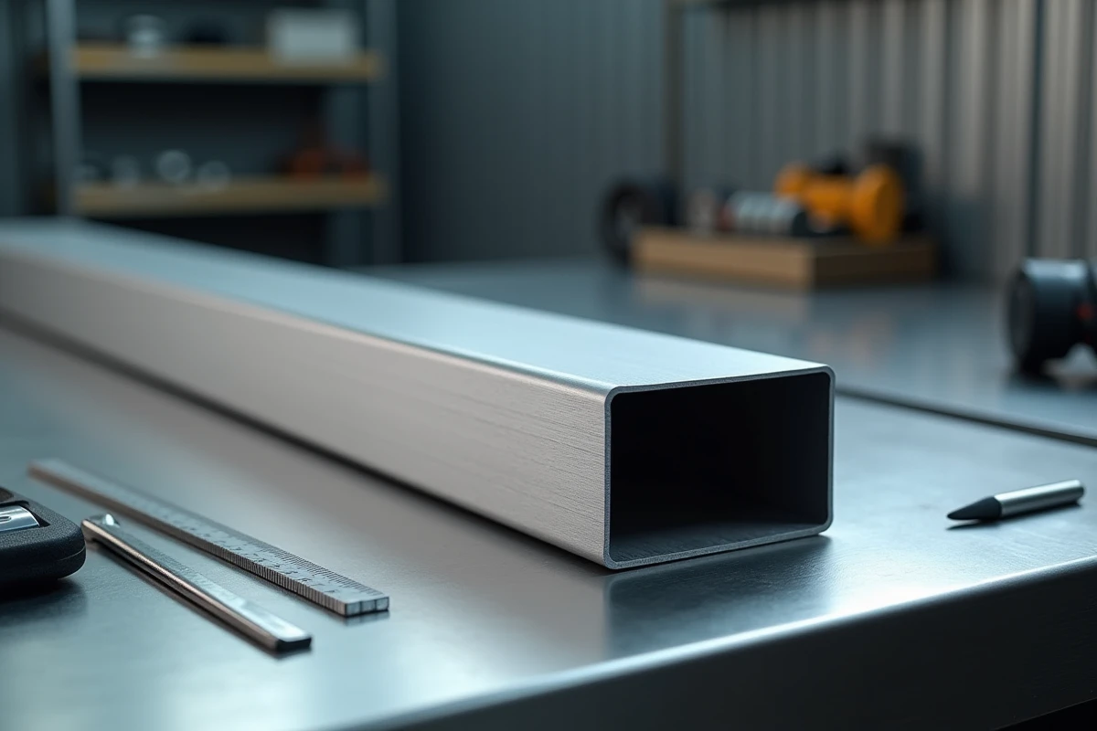Tube en aluminium rectangulaire découpé proprement posé sur un établi avec outils d'ébavurage