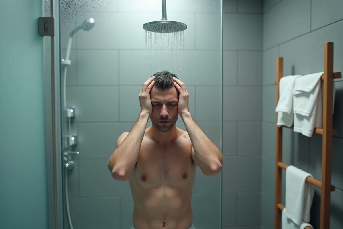Homme sous la douche dans une salle de bain moderne, représentant l'usage quotidien de l'eau par personne