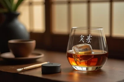 Verre à whisky japonais gravé avec des caractères kanji sur une table en noyer, accompagné d'une sphère de glace