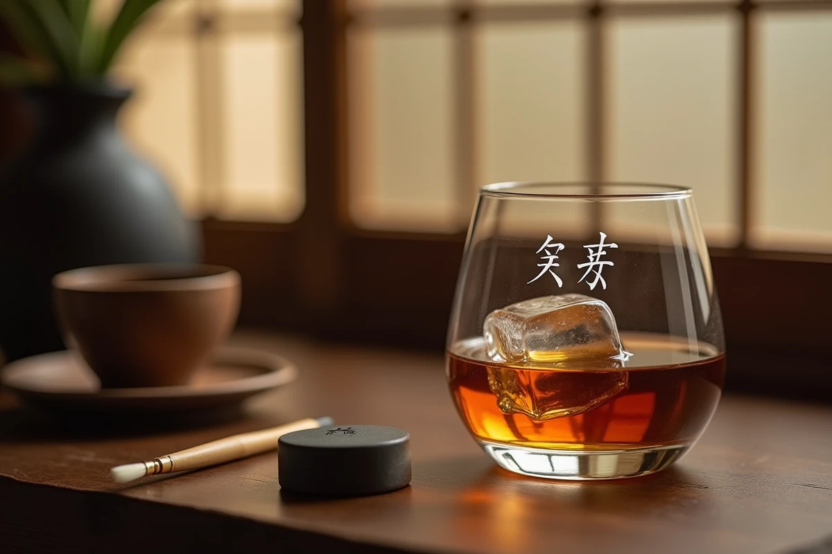 Verre à whisky japonais gravé avec des caractères kanji sur une table en noyer, accompagné d'une sphère de glace