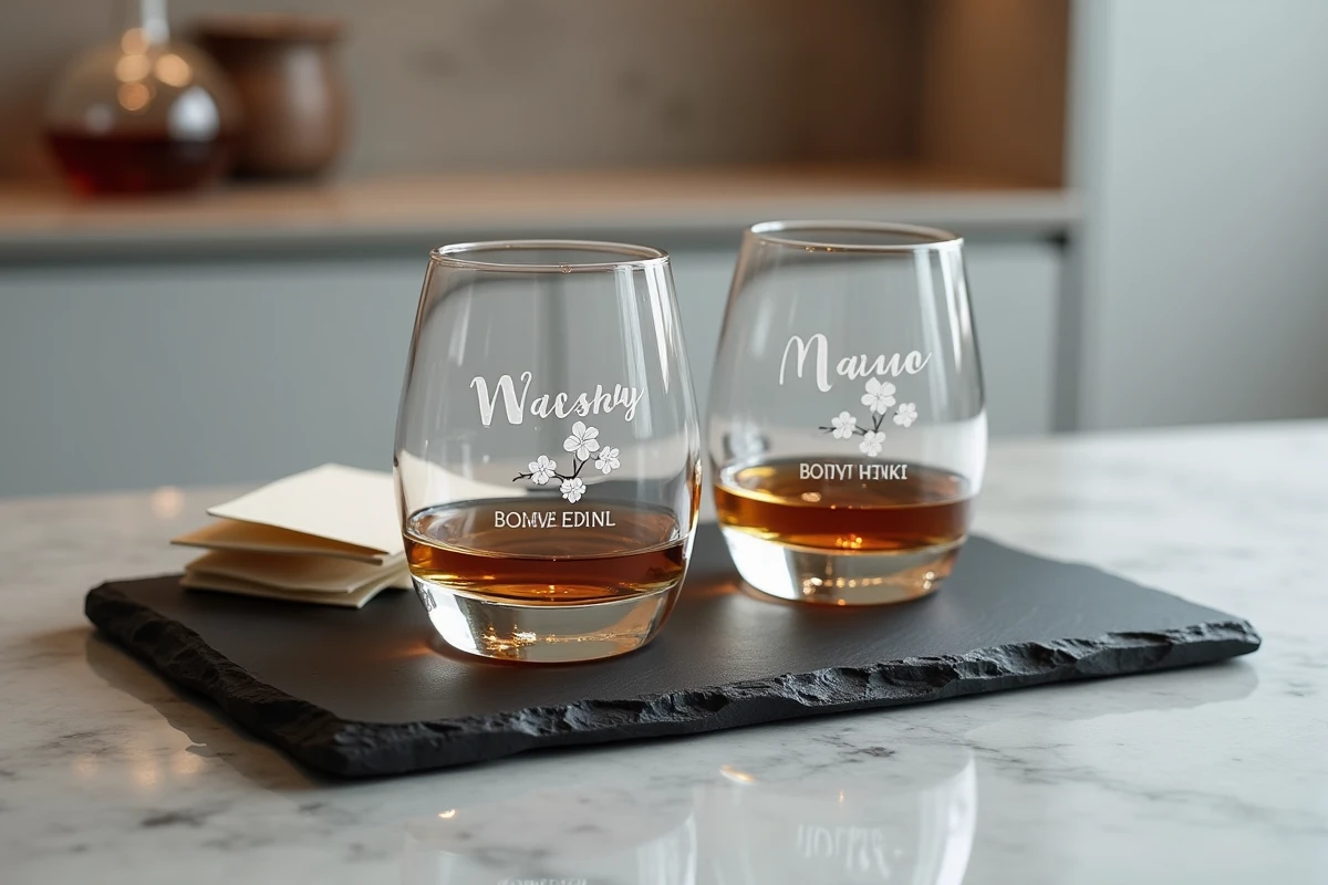 Deux verres à whisky japonais personnalisés gravés avec des noms et des motifs de cerisier sur un plateau en ardoise