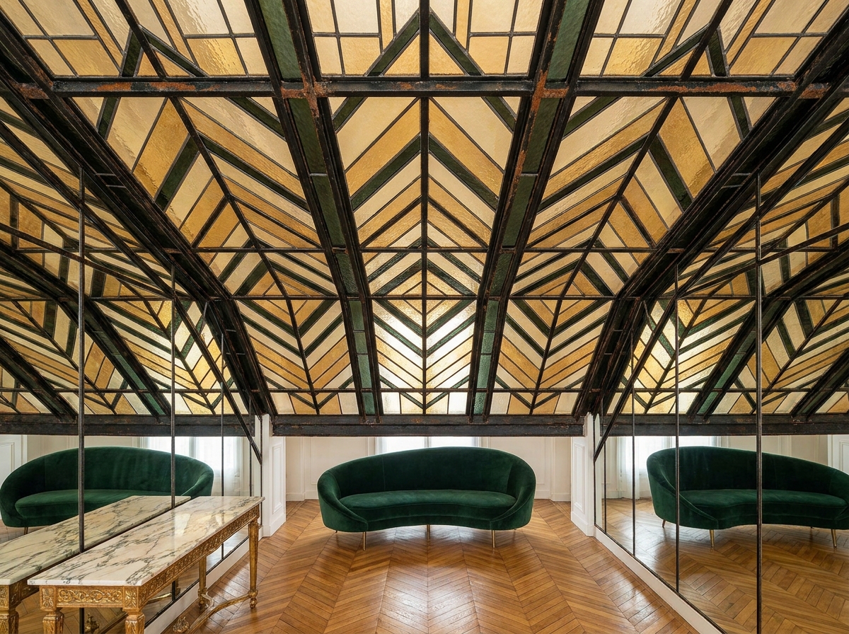 Verrière Art Déco en fer forgé et vitraux géométriques ambrés installée dans un salon parisien avec parquet en chevrons et canapé en velours vert émeraude