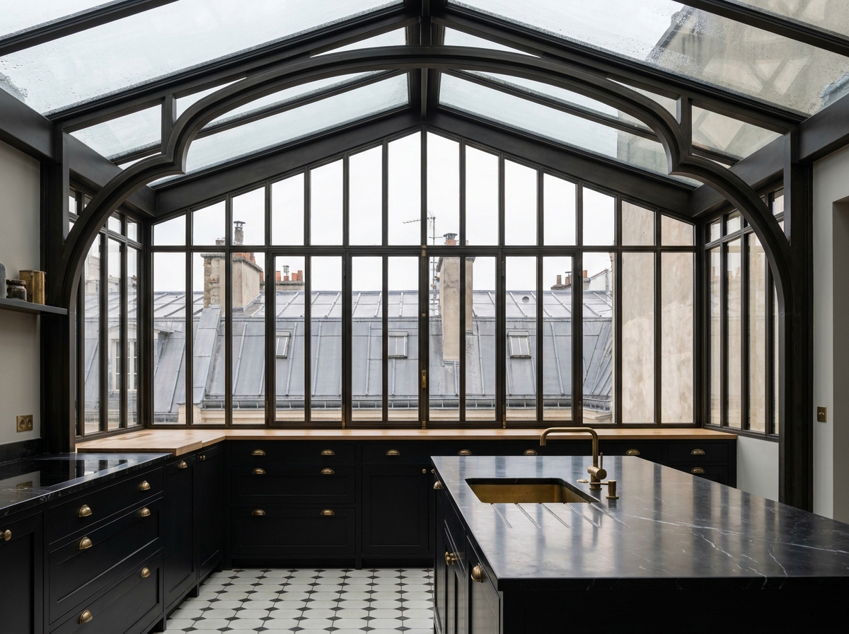 Extension cuisine avec verrière de toit Art Déco en acier sombre et laiton vieilli donnant sur les toits parisiens, avec carrelage hexagonal blanc et plan de travail en marbre noir