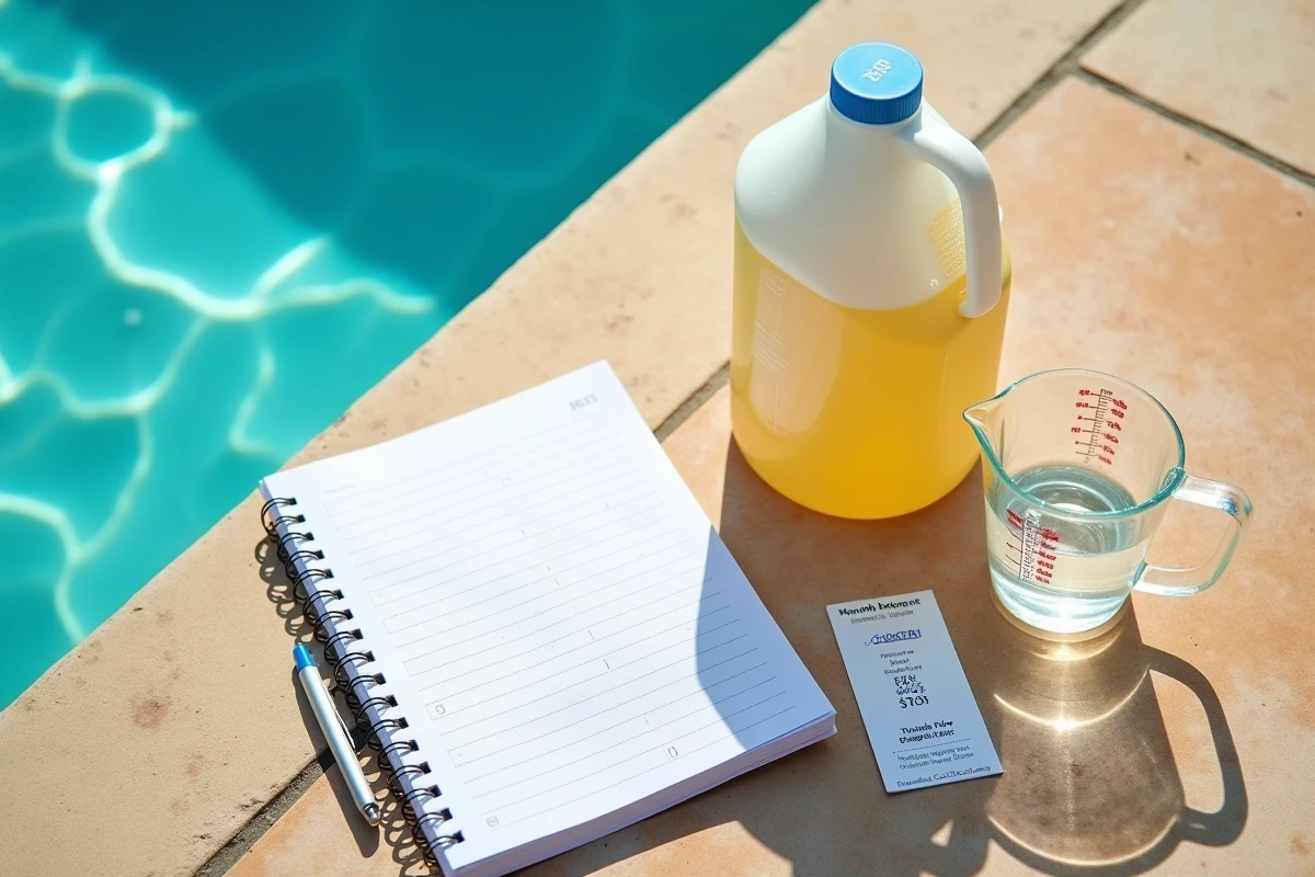 Vue aérienne des accessoires de dosage de javel pour piscine incluant un carnet de budget et une fiche de calcul
