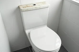 WC avec lave-main intégré en céramique blanche montrant des traces d'usure réalistes dans une petite salle de bain moderne carrelée
