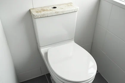 WC avec lave-main intégré en céramique blanche montrant des traces d'usure réalistes dans une petite salle de bain moderne carrelée