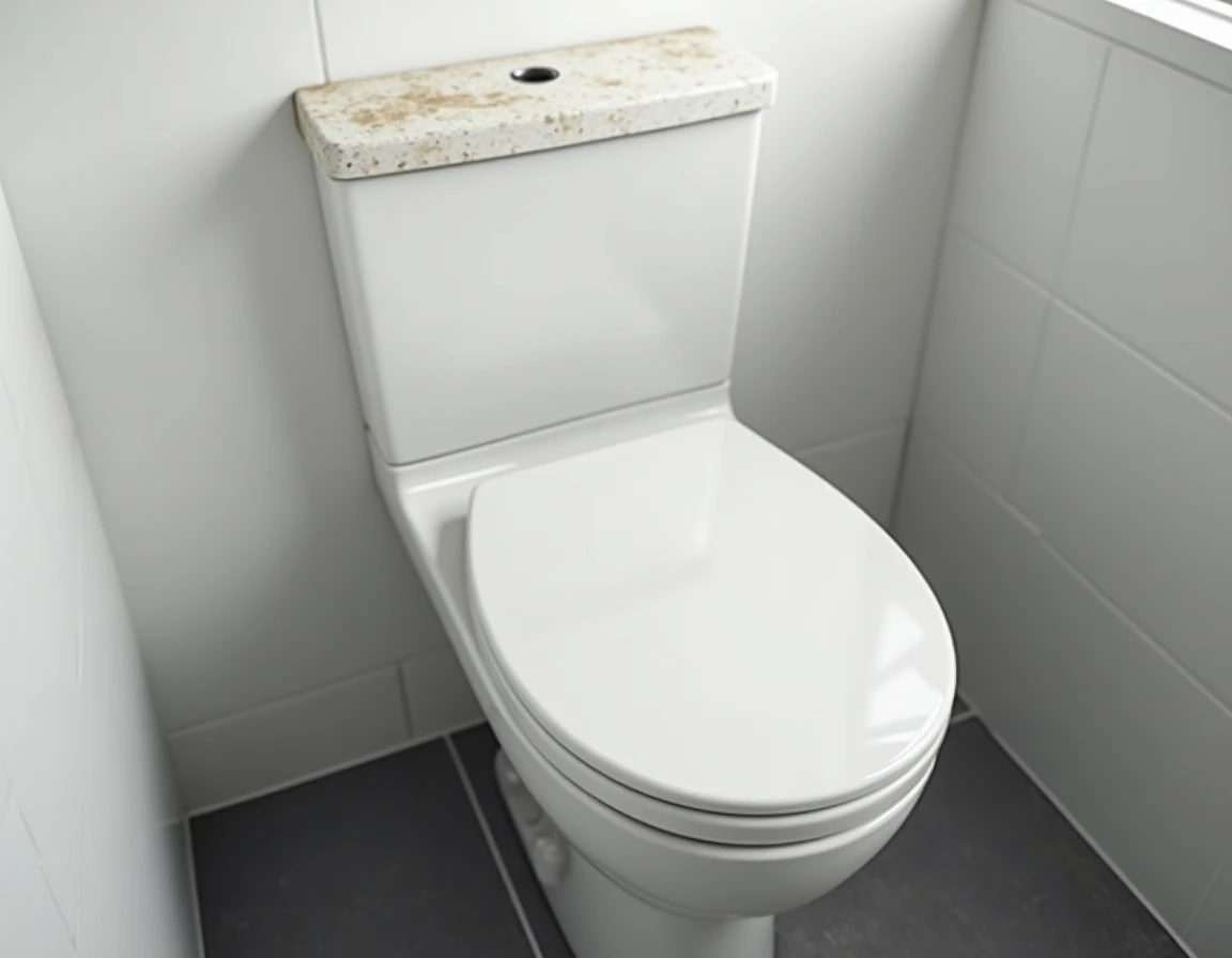 WC avec lave-main intégré en céramique blanche montrant des traces d'usure réalistes dans une petite salle de bain moderne carrelée