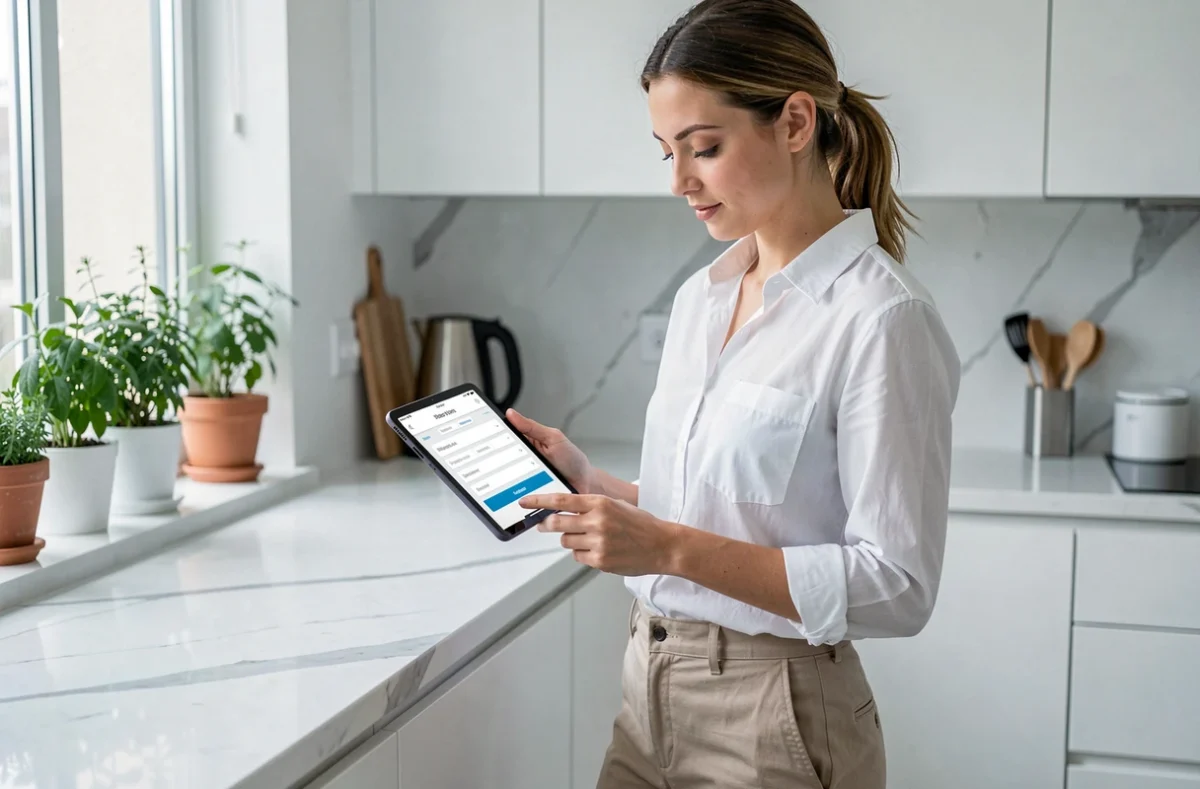 Femme consultant l'application Wecasa sur une tablette dans une cuisine moderne pour réserver un service de ménage à domicile